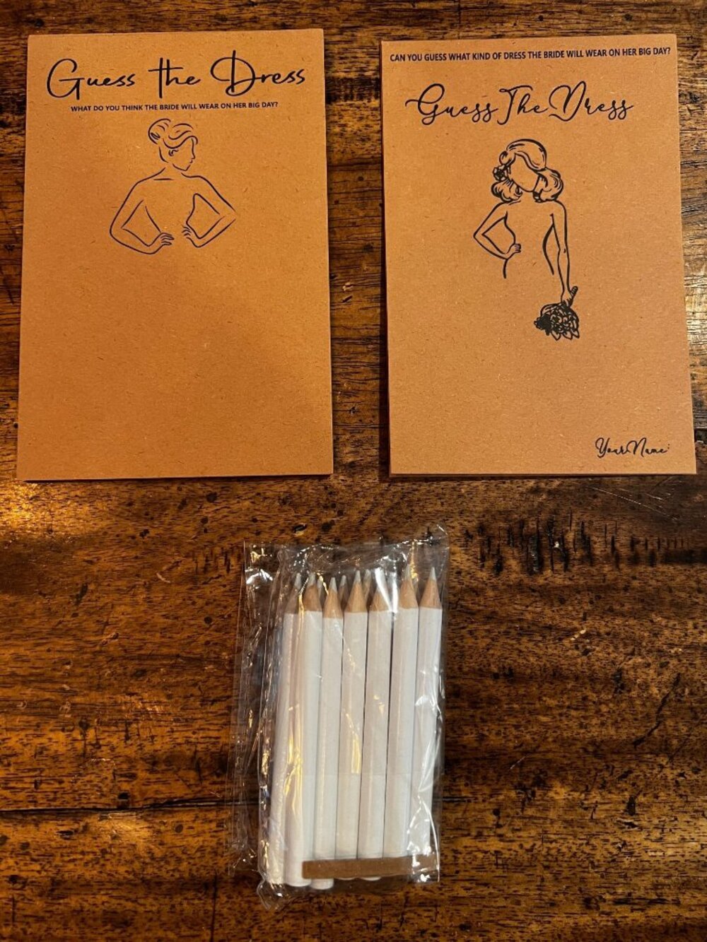 Guess The Dress Bridal Shower Game Cards With White Pencils Kraft Paper Design P